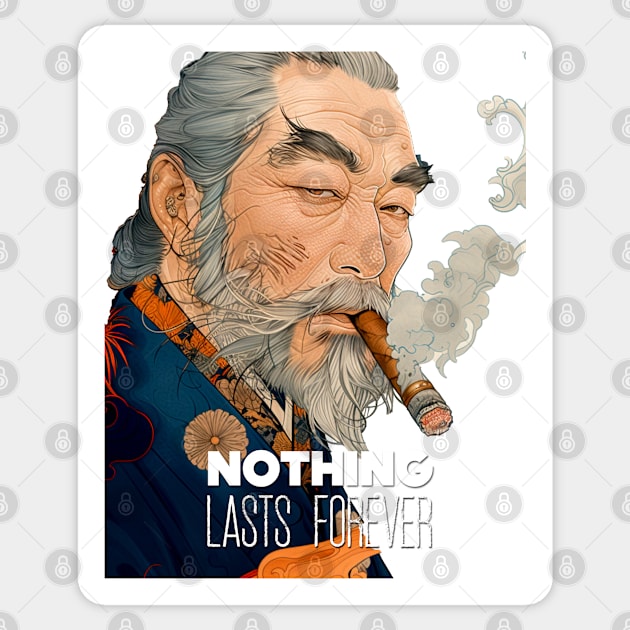 Puff Sumo: Nothing Lasts Forever, "世間は移り変わり" (Seken wa Utsurikawari) on a light (Knocked Out) background Sticker by Puff Sumo